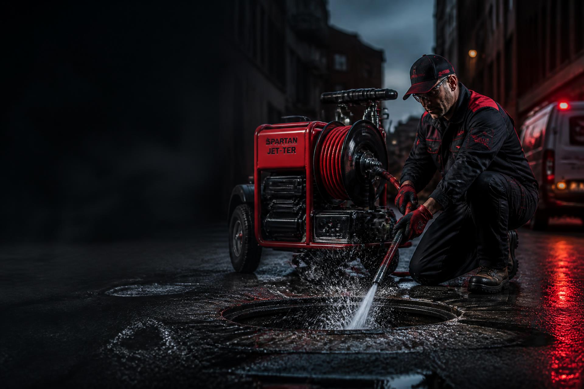 Técnico da Desentupidora Solução usando equipamento de desentupimento